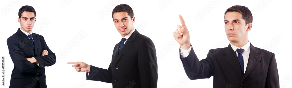 Businessman pressing virtual buttons on white Businessman pressing virtual buttons on white