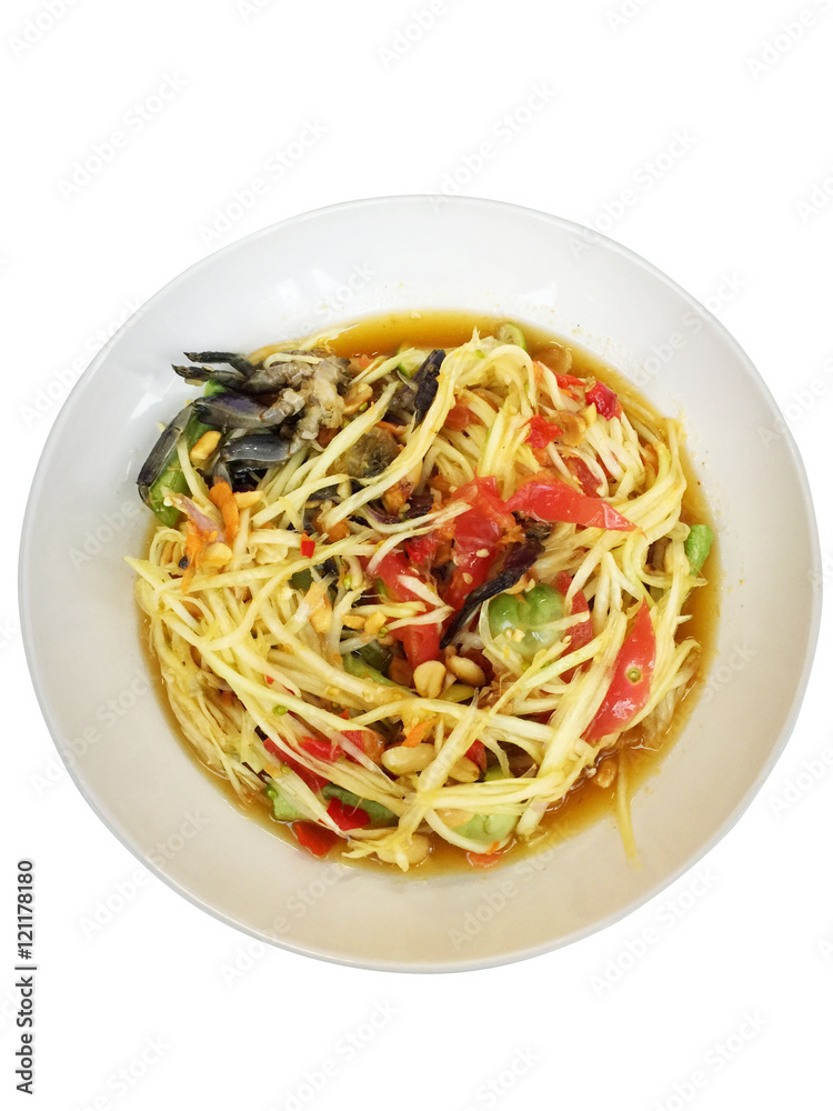 Thai spicy papaya salad (Som Tam) isolated on white background