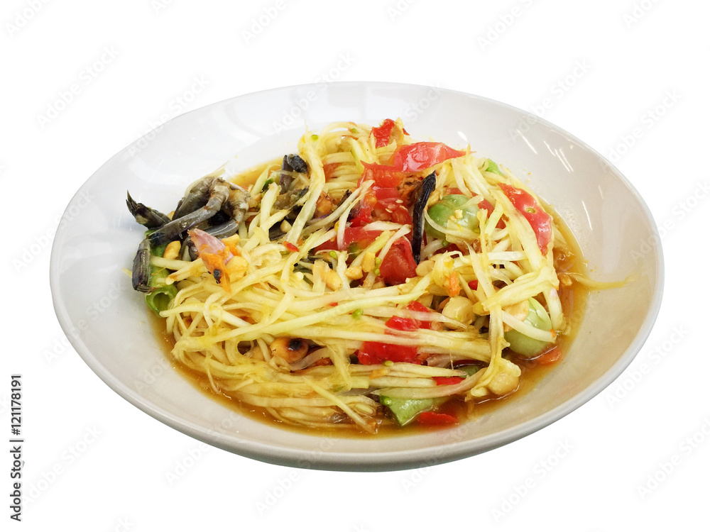 Thai spicy papaya salad (Som Tam) isolated on white background Thai spicy papaya salad (Som Tam) isolated on white background