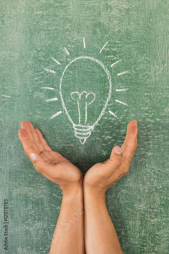 Ideas Light Bulb Concept Work on Blackboard and male hand photo