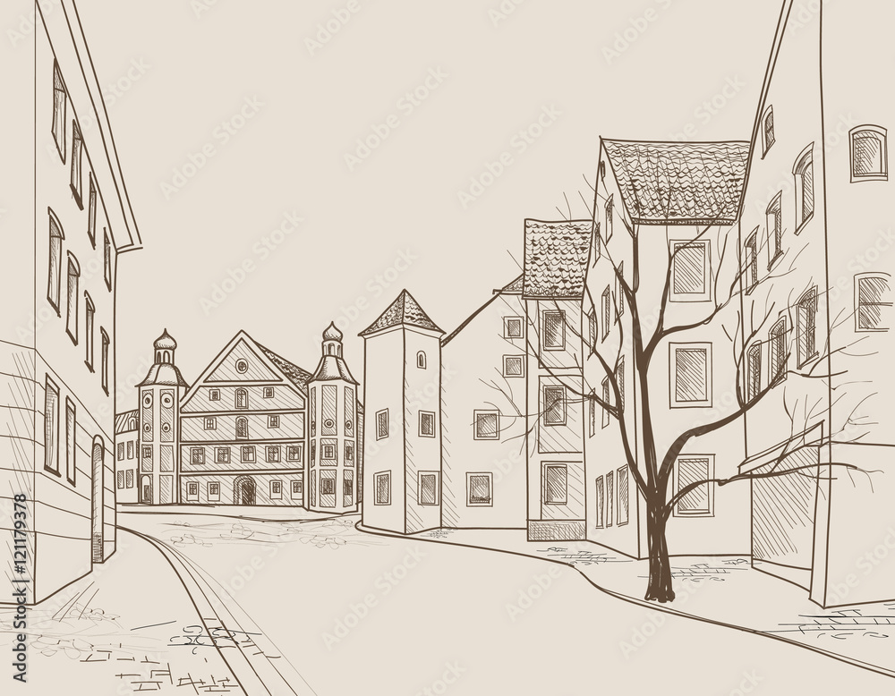 city buildings street view drawing