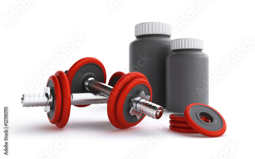 dumbbells and protein containers