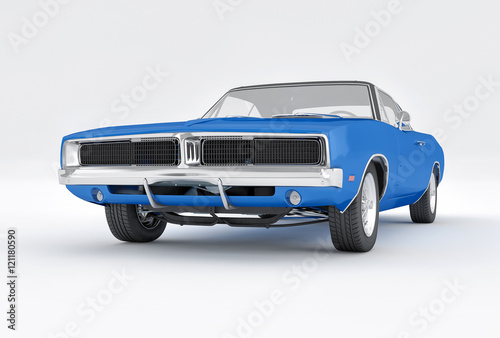 3D Isolated Blue Muscle Car. 1970s American Vintage.