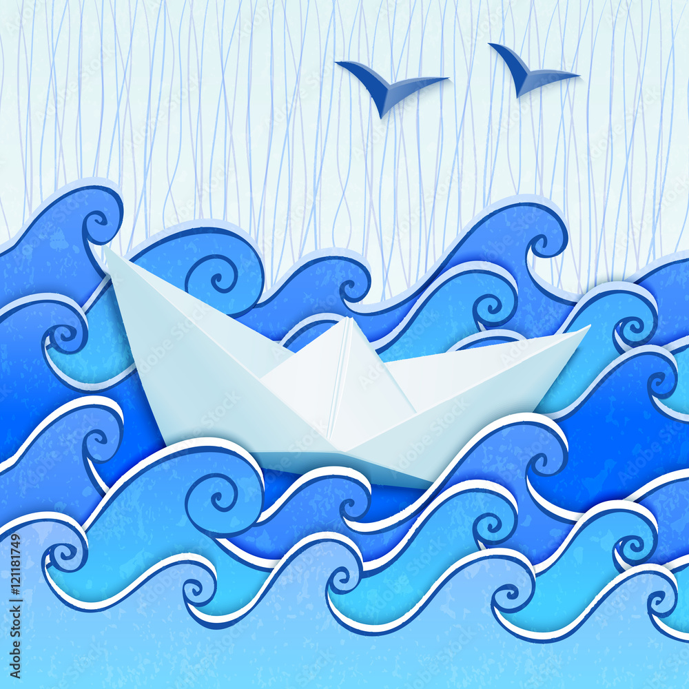Naklejka premium Paper boat in the blue sketched sea
