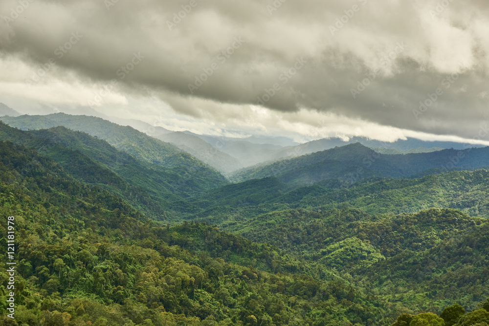 Mountain range in cloudy day. Chong Yen viewpoint, at Mea-Wong National Park,Thailand. Tropical rain-forest in asia. Rain is coming