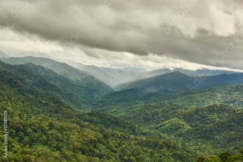 Mountain range in cloudy day. Chong Yen viewpoint, at Mea-Wong National Park,Thailand. Tropical rain-forest in asia. Rain is coming