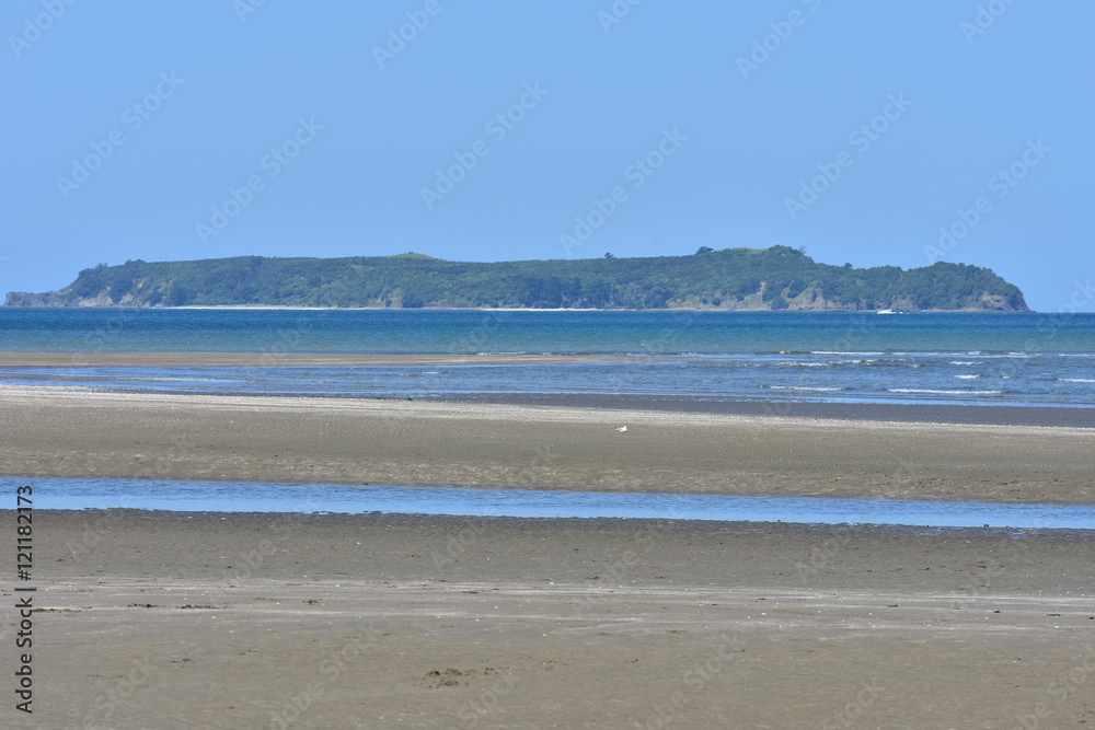 View of small flat island with some forest coverage in blue ocean from sandy beach at low tide.