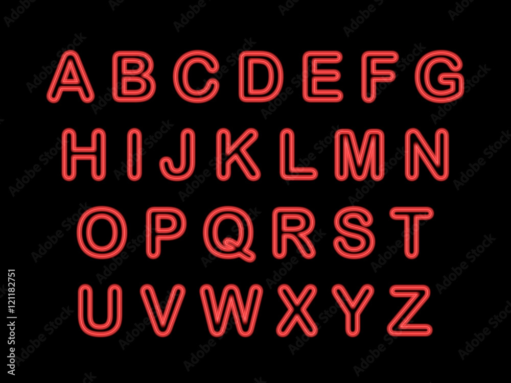 Neon alphabet isolated on black, 3d illustration