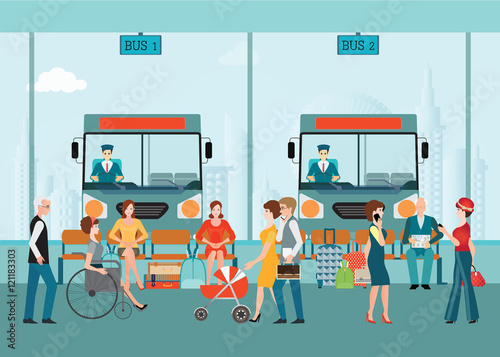 Bus terminal with bus limousine with people waiting for bus.