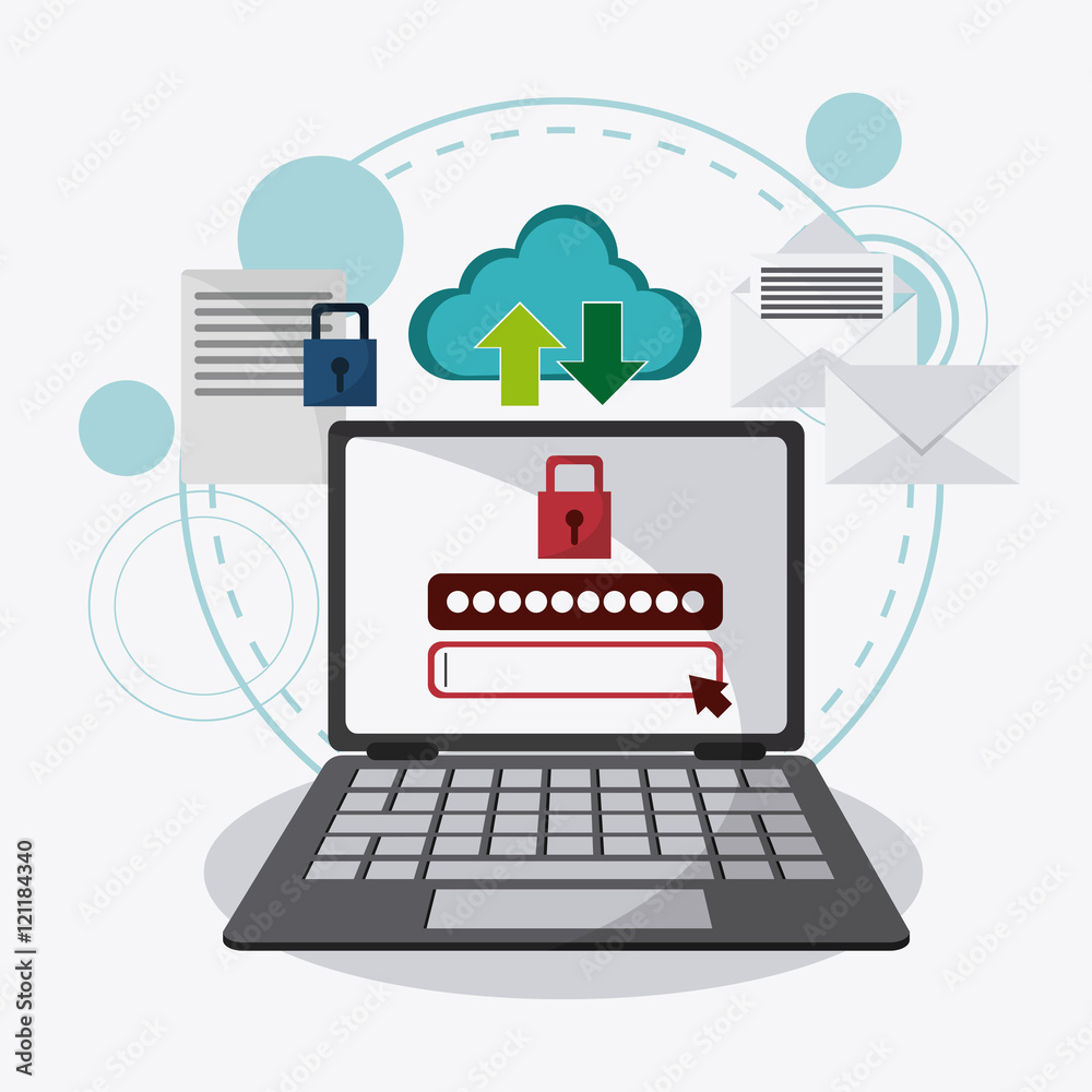 Laptop cloud document envelope and padlock icon. Data protection cyber ...