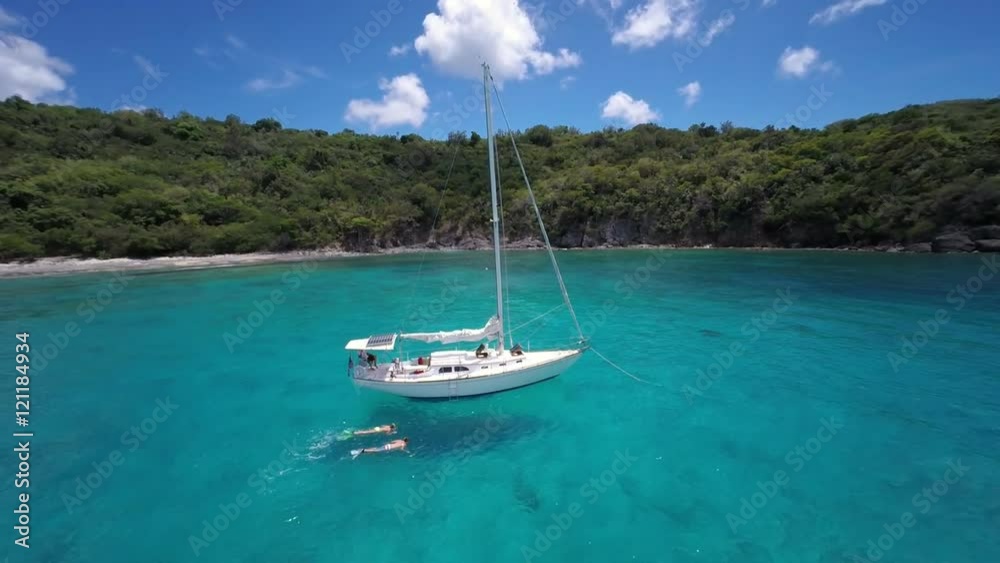 aerial video of group of people snorkeling and relaxing on a sailboat, Lovango Cay, United States Virgin Islands aerial video of group of people snorkeling and relaxing on a sailboat, Lovango Cay, United States Virgin Islands