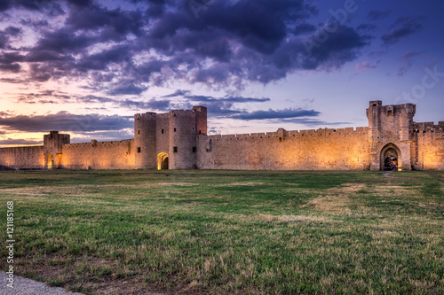 Sunset over the wall in old city Aigues-Mortes, Provence, France.