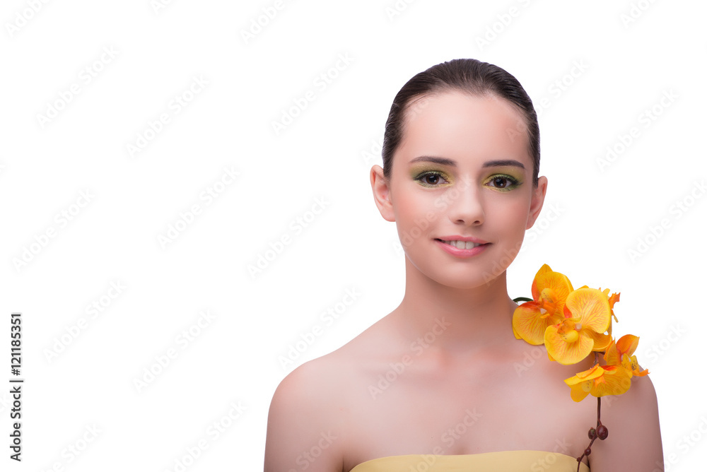 Young woman with orchid flower isolated on white Young woman with orchid flower isolated on white