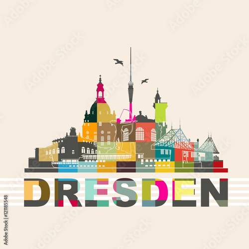 Dresden Deutschland Skyline Silhouette Wandtattoo Umriss Semperoper Zwinger Frauenkirche Fernsehturm Bogenschütze Dampfer Fichteturm Blaues Wunder Brücke Sachsen Sehenswürdigkeiten Panorama Mosaik 