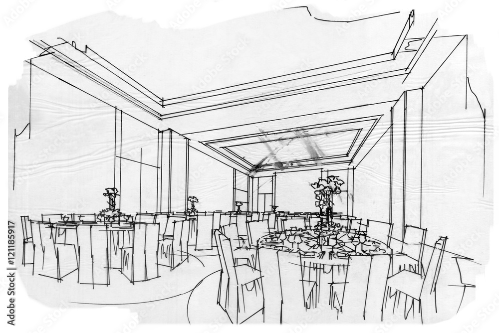 sketch interior perspective ballroom, black and white interior design.
