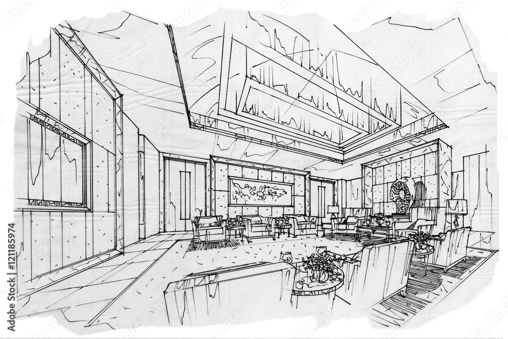 sketch interior perspective VIP meeting room, black and white interior design.