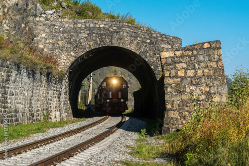 Russia, September 15, Tourist train rides through the tunnel on Circum-Baikal Railway