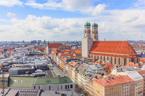 Aerial View of Munich old town Germany around Marienplatz and Frauenkirche from St. Peter's church. Munich, Germany