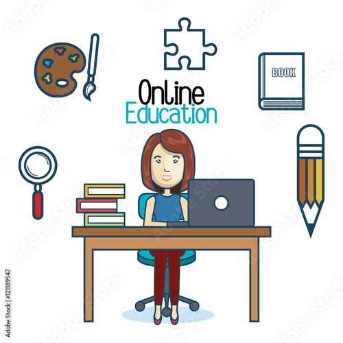 education online woman desk laptop vector illustration eps 10 photo