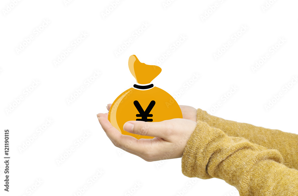 Φωτογραφία Closeup a brown money bag in yen currency on woman hand isolated on white backgr