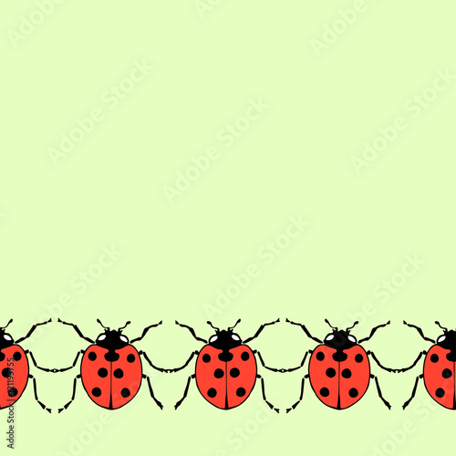 Seamless decorative border from flat ladybug on green background