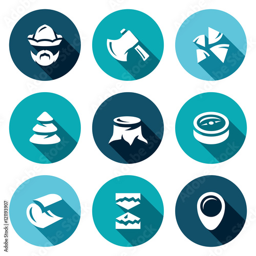 Vector Set of Firewood in the forest Icons. Woodcutter, Tool, Stack, Timber, Stump, Direction, Cutting, Felling, Plot.