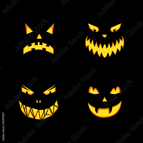 Vector set of monsters grin on black background. Halloween illustration