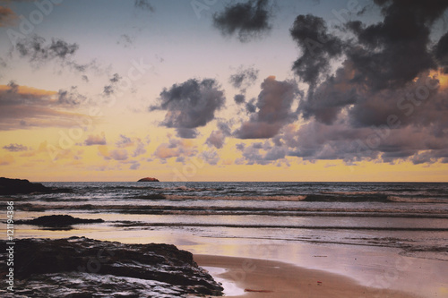 Early morning view of the beach at Polzeath Vintage Retro Filter