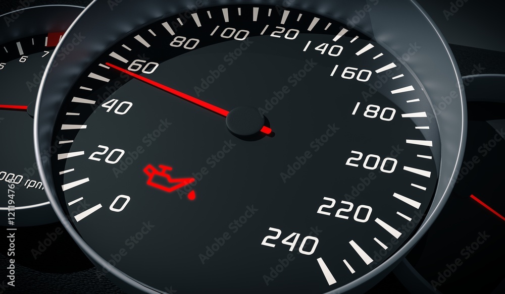 Oil and engine malfunction warning light control in car dashboard. 3D rendered illustration.