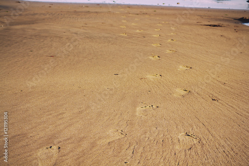 Footprints in the sand on Polzeath beach Vintage Retro Filter.
