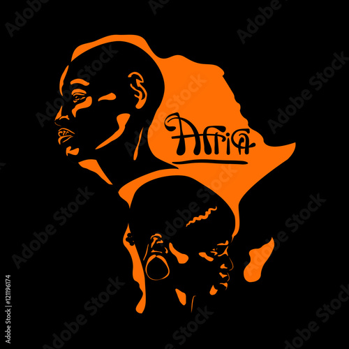 stylized portrait of an Africans male and woman in a profile against the backdrop of an orange cards Africa, on a black background
