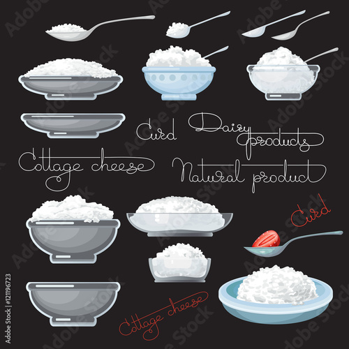 Vector illustration with cottage cheese, strawberry, spoons.
