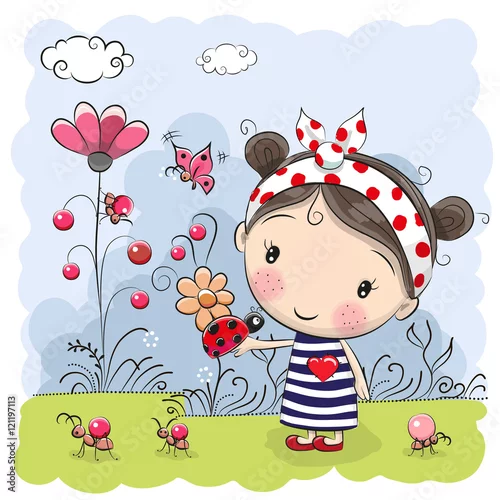 Obraz Śliczna kreskówki dziewczyna z biedronką