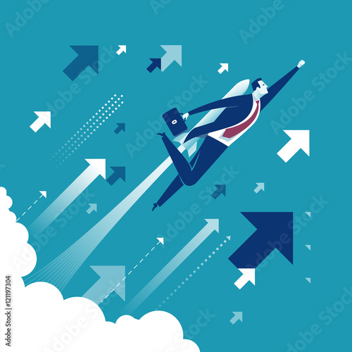 Lift off. Businessman flying up with a rocket engine. Concept business vector illustration