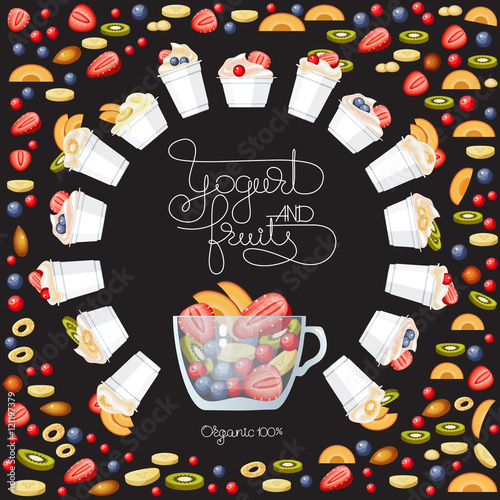 Vector yogurt, fruit and berry round banner.