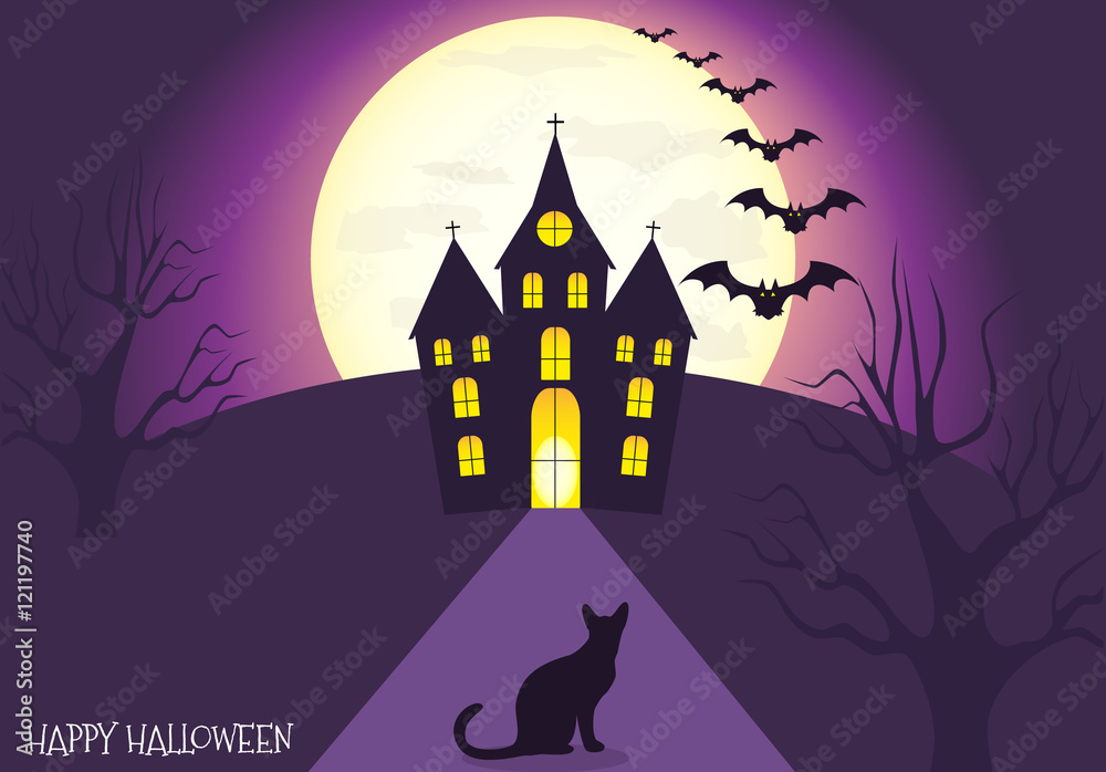 Happy halloween house scary on blue background