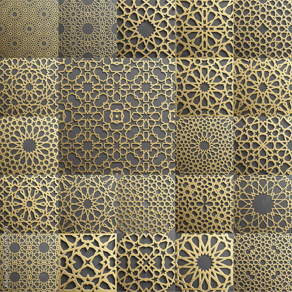 Islamic pattern set of 22 ornaments.Seamless arabic geometric , east ornament, indian , persian motif, 3D. Endless texture can be used for wallpaper,  fills, web page background,surface textures.