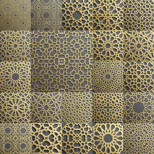 Islamic pattern set of 22 ornaments.Seamless arabic geometric , east ornament, indian , persian motif, 3D. Endless texture can be used for wallpaper,  fills, web page background,surface textures.