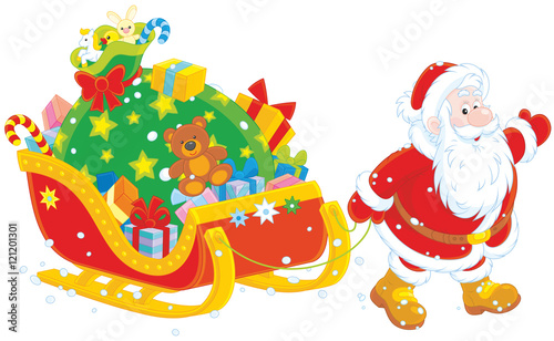 Santa Claus carrying a big bag of Christmas gifts on his sledge