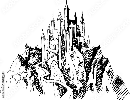 Medieval Castle Sketch Graphic Drawing. Fairytale Palace on the Mountain