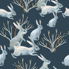 Crédence de cuisine Lapin patrons Rabbit in winter. Watercolor seamless pattern  © Tanya Syrytsyna