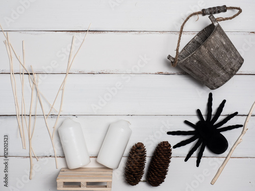 halloween object concept with wooden background