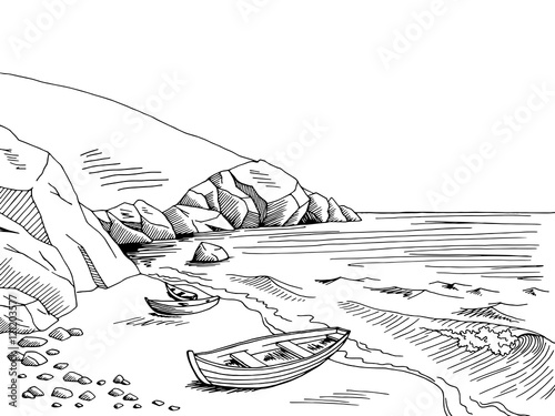 Sea boat graphic art black white landscape sketch  illustration vector