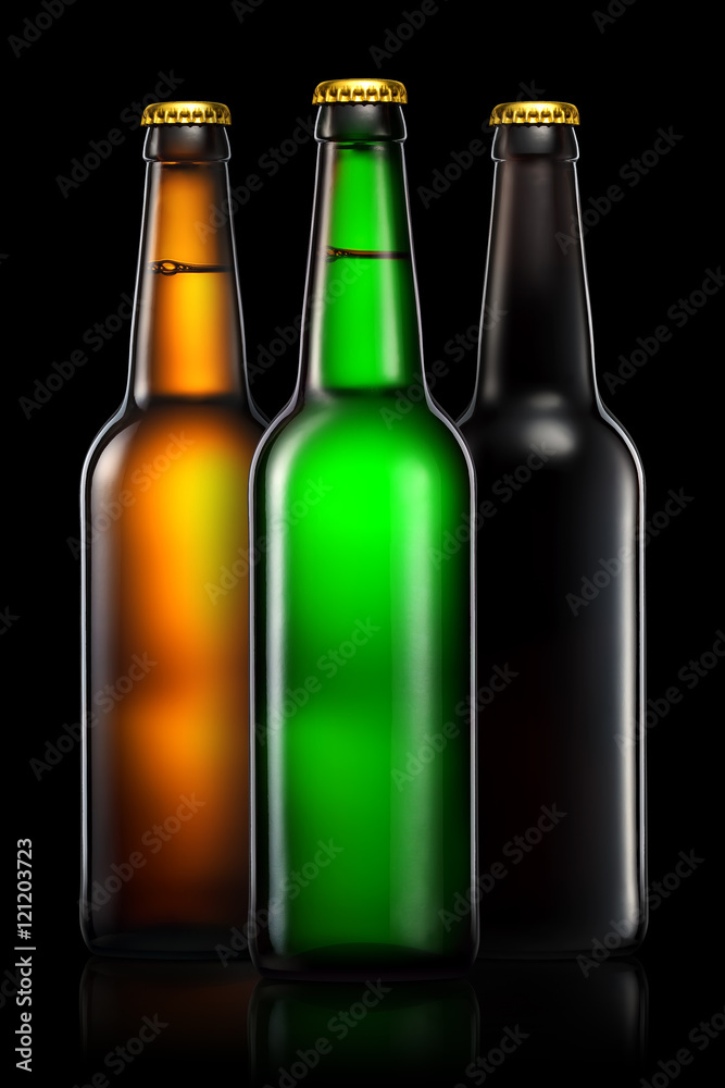 Set of beer bottles with clipping path isolated on black background Set of beer bottles with clipping path isolated on black background