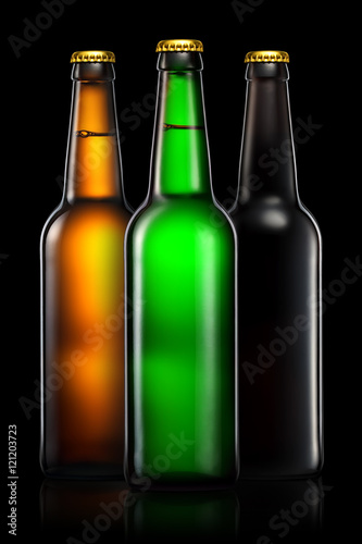Set of beer bottles with clipping path isolated on black background