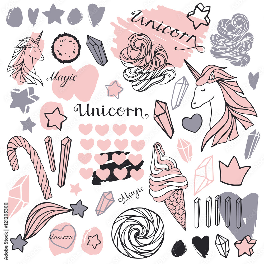 Hand drawn icons unicorns, crystals and sweets set.