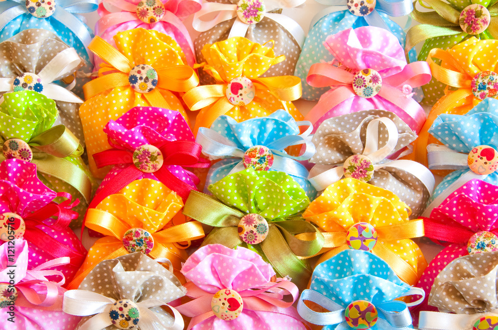 Festive background made of many colorful gift bags