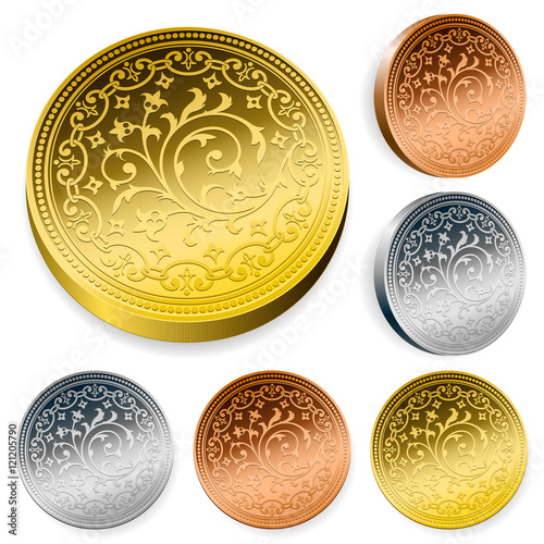 Set of ornate engraved metal coins