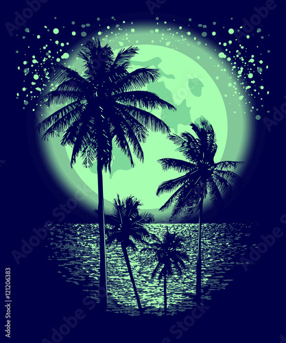 Tropical Full Moon over the ocean. Reflection of palm trees and tropical moon night. Vector