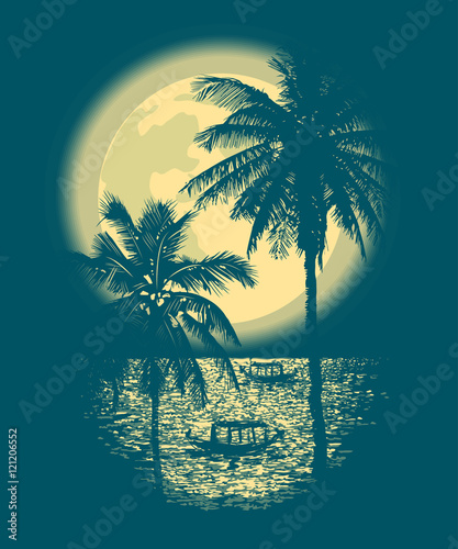 Tropical Full Moon over the ocean. Reflection of palm trees and tropical moon night. Vector